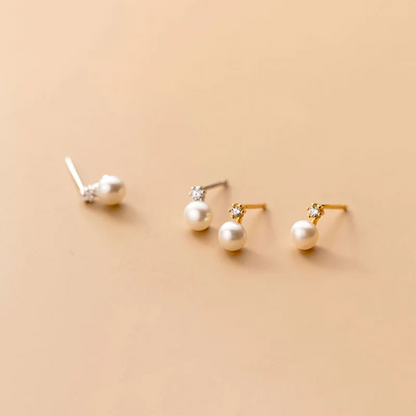 Genuine 925 Sterling Silver Geometric Zircon Pearl Mini Small Stud Earrings for Women Chic Charming Korean Jewelry 2021