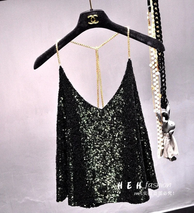 Sequins Condole Belt Vest, Women's Fashion Wear Tops 2023 Suumer Sexy Low-cut Loose T-shirts tank top  tops