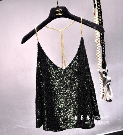 Sequins Condole Belt Vest, Women's Fashion Wear Tops 2023 Suumer Sexy Low-cut Loose T-shirts tank top  tops