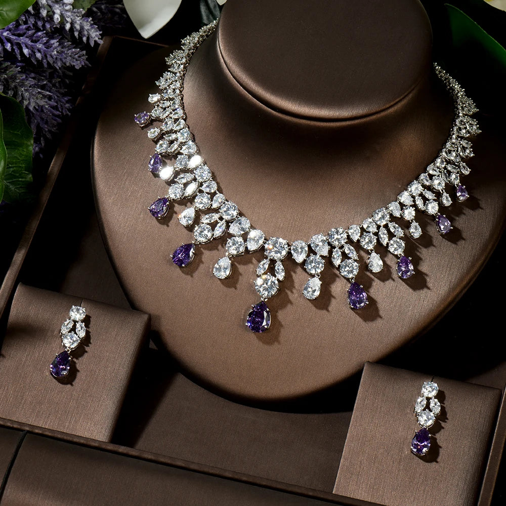 Wedding Jewelry Nigerian Design Cubic Zirconia Large Bridal Choker Necklace Earrings Sets For Women bijoux N-1454