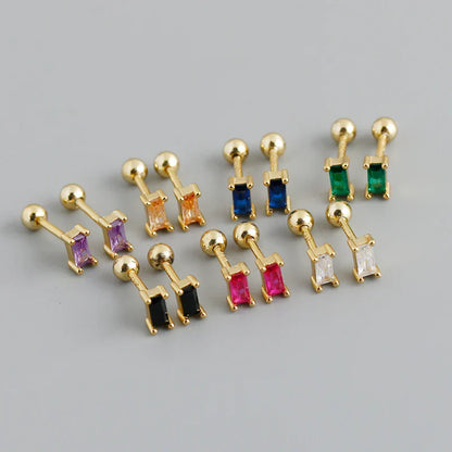 925 Sterling Silver Colorful Square Shiny Zircon Beads Piercing Stud Earrings for Women Fashion Gothic Exquisite Jewelry