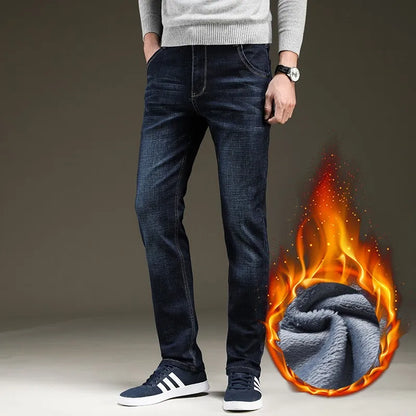 Winter New Men's Warm Blue Black Slim Jeans Classic Style Stretch Slim Fit Thick Pants Fashion Trousers Male Brand