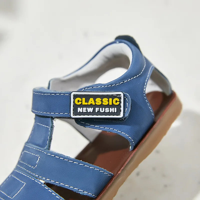 Children frosted genuine leather beach sandals boys barefoot non-slip sandals with cowhide lining baby soft Navy blue sandals