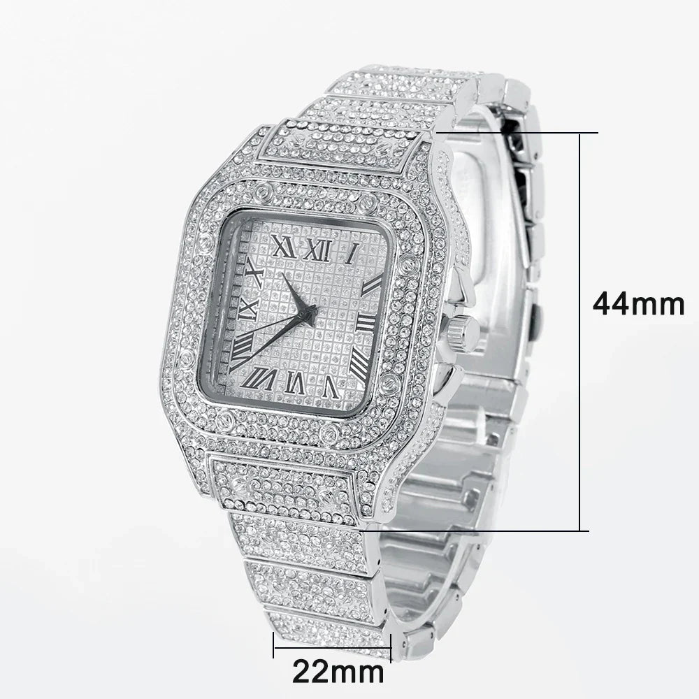 Luxury Moissanite Iced Out Watches Hip Hop Bust Down Unisex Diamond Watch, Stainless Steel Moissanite Studded Wrist Watch