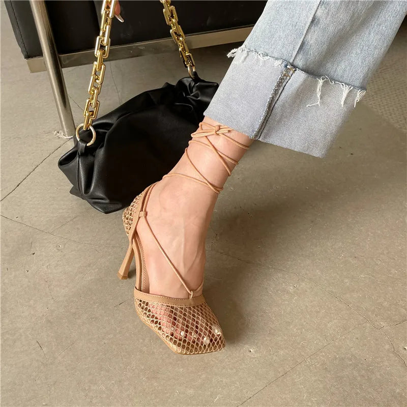 White Hollow Mesh Woman Pumps Sandals Square Toe High Heel Ankle Lace Up Cross-tied Party Dress Female Shoes