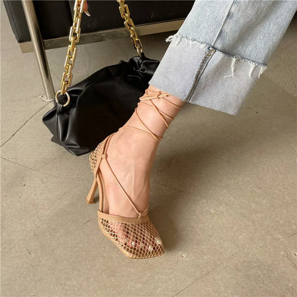 White Hollow Mesh Woman Pumps Sandals Square Toe High Heel Ankle Lace Up Cross-tied Party Dress Female Shoes