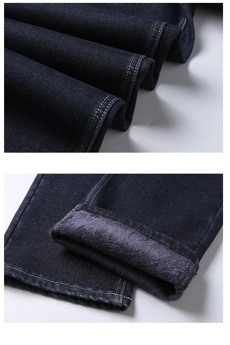 Winter New Men's Warm Blue Black Slim Jeans Classic Style Stretch Slim Fit Thick Pants Fashion Trousers Male Brand