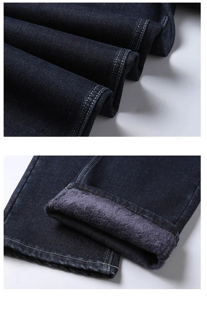 Winter New Men's Warm Blue Black Slim Jeans Classic Style Stretch Slim Fit Thick Pants Fashion Trousers Male Brand
