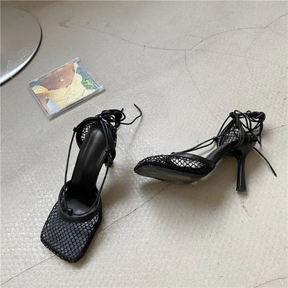 White Hollow Mesh Woman Pumps Sandals Square Toe High Heel Ankle Lace Up Cross-tied Party Dress Female Shoes