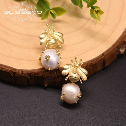 Bee And  With Natural Pearls Pearl Earrings 18K Gold Plated Jewelry Korean Designer Jewelry Earrings Gifts For Girlfriend