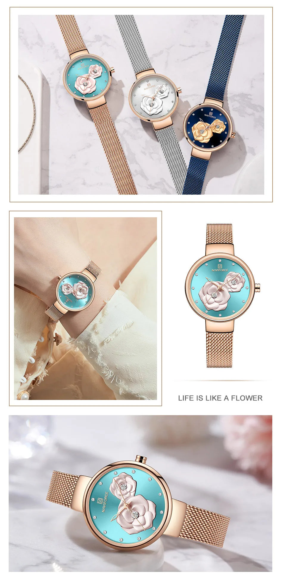 Women Watch NAVIFORCE Top Luxury Brand Steel Mesh Waterproof Ladies Watches Flower Quartz Female Wristwatch Charming Girl Clock
