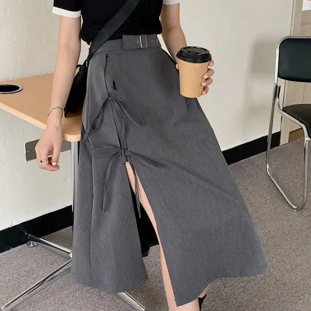 Vintage Dark Gothic High Split Mid-Calf Skirts Women Elegant Fashion Party Club High Waist Femme Bottom Streetwear Goth Skirt
