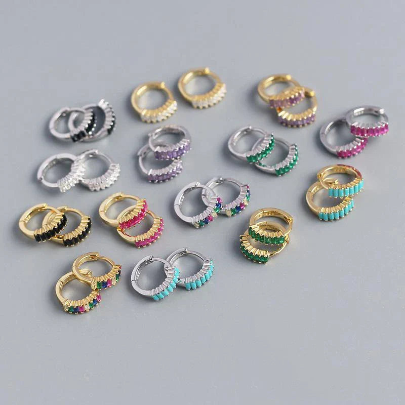 925 Sterling Silver Earring Fashion Rectangle Color Zircon Round Ear Ring Ear Bone Wild Trend Sweet Simple Women Girl Ear Jewelr