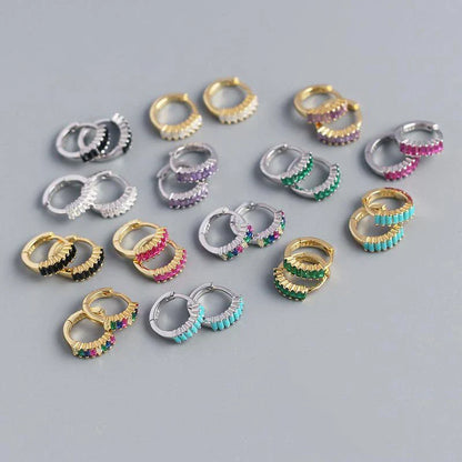 925 Sterling Silver Earring Fashion Rectangle Color Zircon Round Ear Ring Ear Bone Wild Trend Sweet Simple Women Girl Ear Jewelr