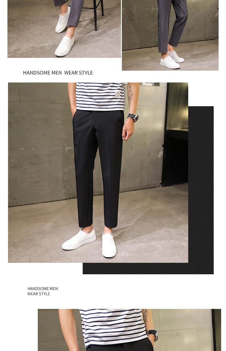 Spring Summer Men's Casual Pants Ankle Length Straight Classic Simplicity Solid Color Comfortable Male Business Pants