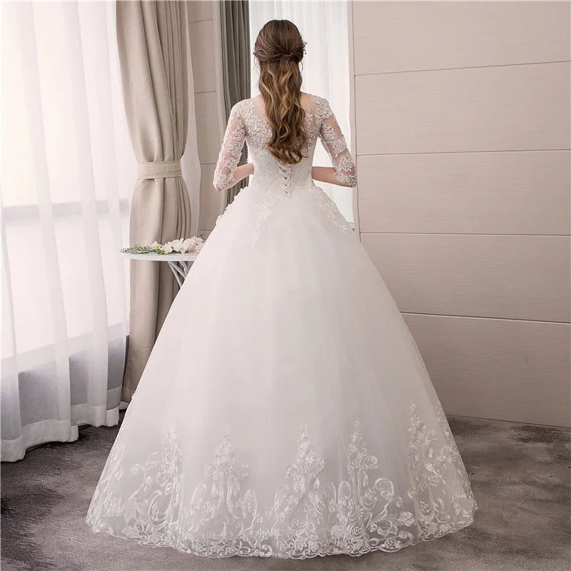 Customized Wedding Dress Embroidery Lace Up Plus Size Custom Made O Neck Wedding Dresses Half Sleeve Ball Gown Robe De Mariee