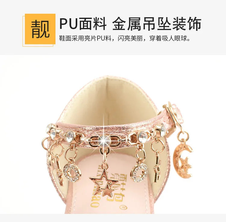 Girls Sandals Children Crystal Shoes 2023 Summer Kids Glitter Shoes High Heels Sequined Rhinestone Pendants Open Toes Princess