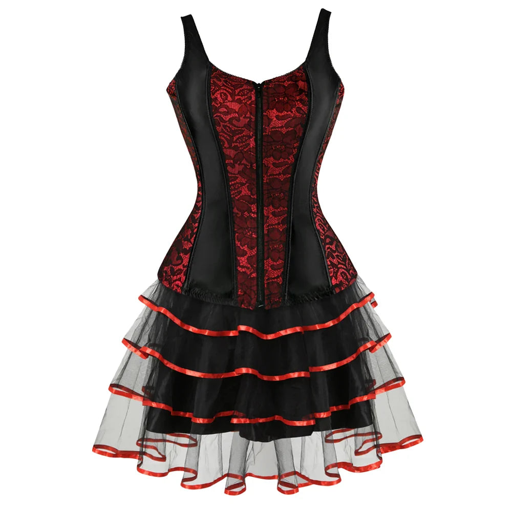 Overbust Corset Top with Straps Jacquard Corset Bustier Zipper Plus Size for Women Corset Dress with Skirt Black Red purple