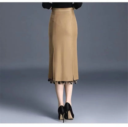 2026 Women Spring Summer Irregular Mesh Skirt Band Splice High Waist Skirt Knee Khaki Split Office Lady Skirt