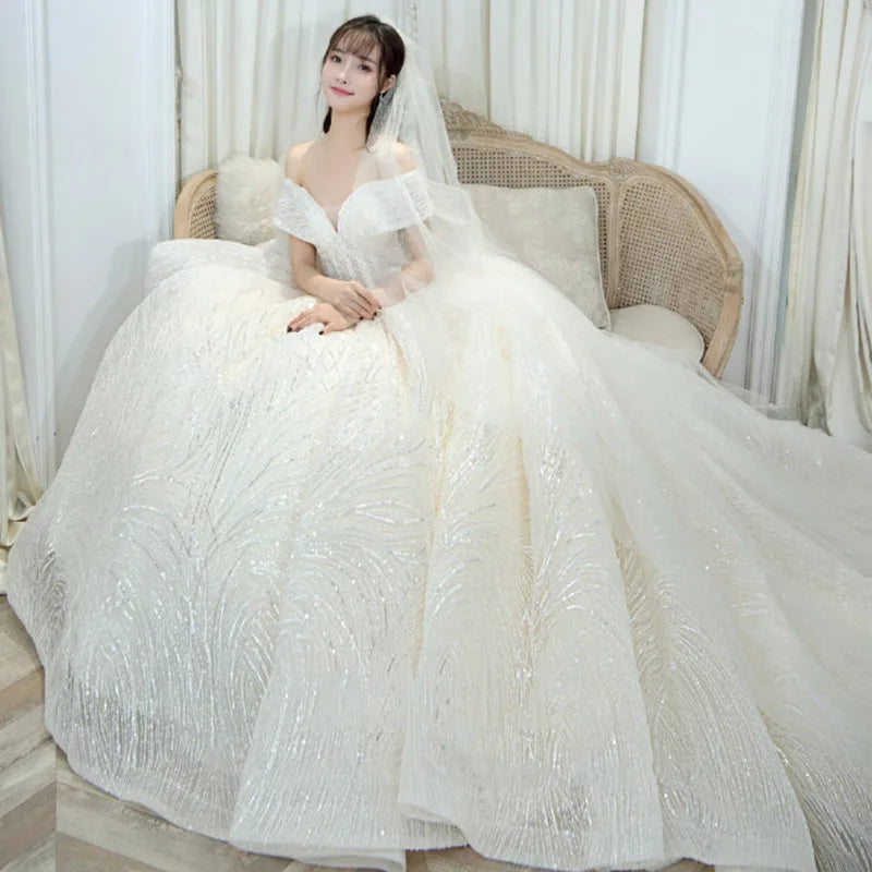 Wedding Dress Shiny Wedding Dress Classic Boat Neck Bridal Party Gown Vestido De Noiva Robe De Mariee Customized