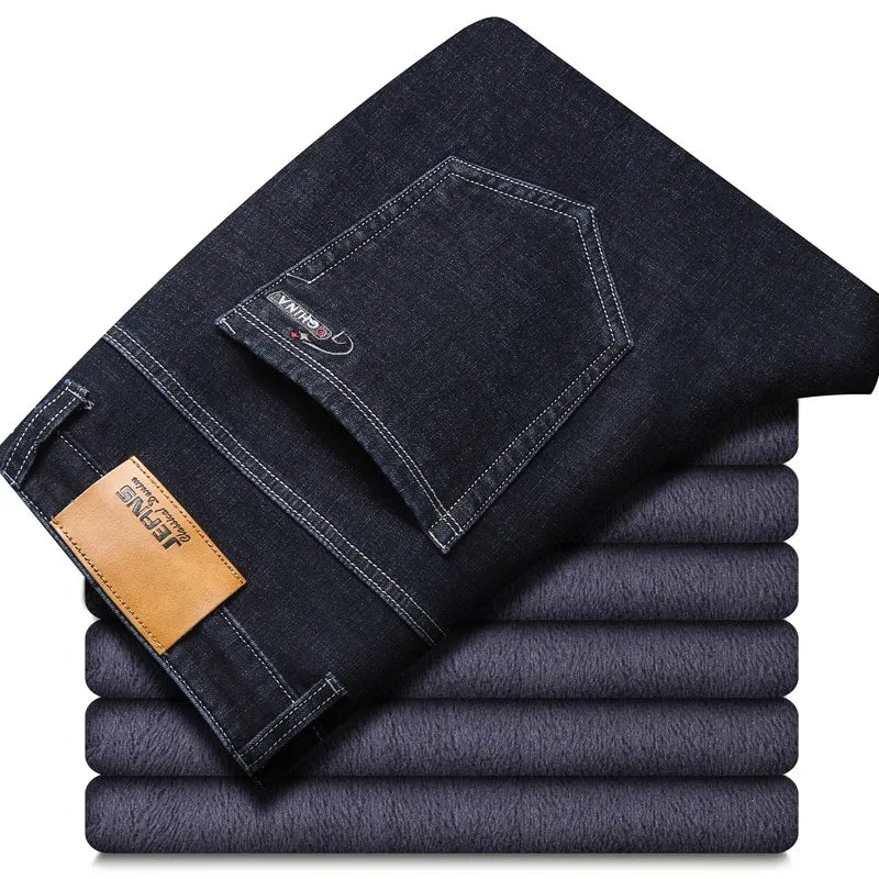 Winter New Men's Warm Blue Black Slim Jeans Classic Style Stretch Slim Fit Thick Pants Fashion Trousers Male Brand