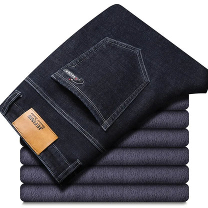 Winter New Men's Warm Blue Black Slim Jeans Classic Style Stretch Slim Fit Thick Pants Fashion Trousers Male Brand