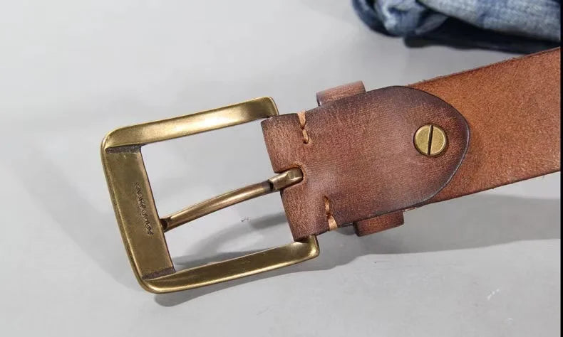 Luxury Handmade Leather Copper Buckle Man's Belt Cinturon Gotico Cowhide Retro All-match Casual Jeans Soft Belt ABC