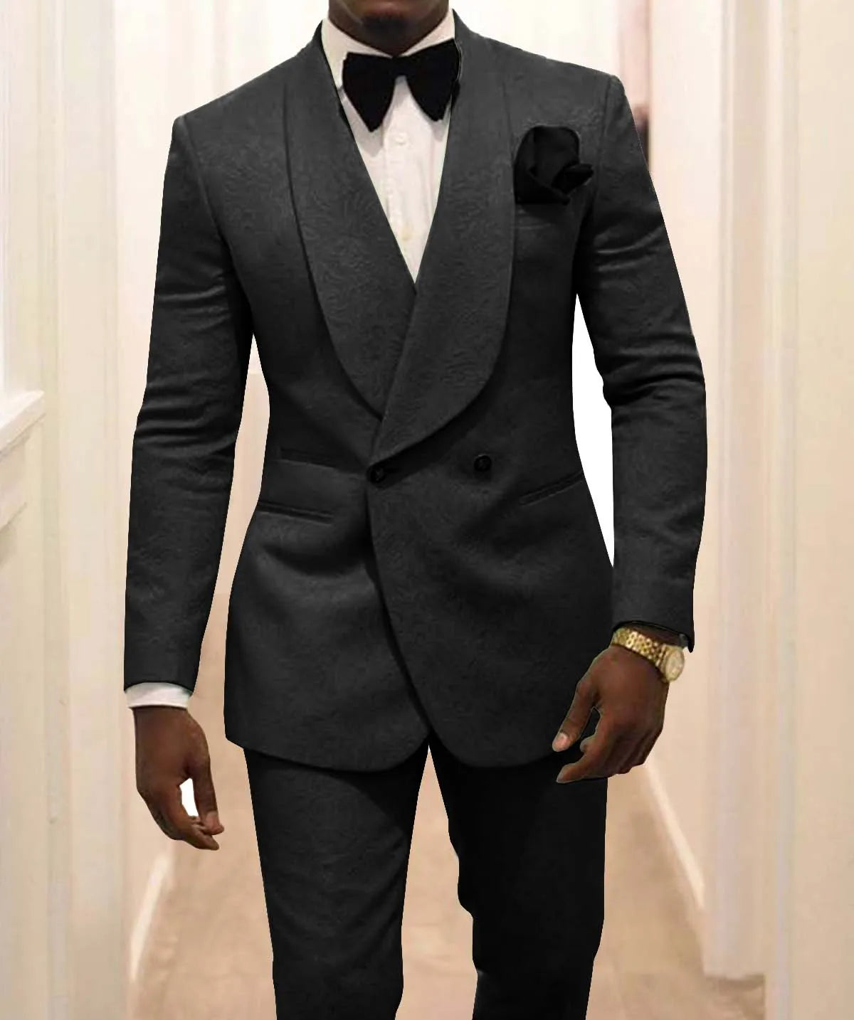 Custom Made Groomsmen White Pattern Groom Tuxedos Shawl Lapel Men Suits 2 Pieces Wedding Best Man ( Jacket+Pants+Tie ) C922