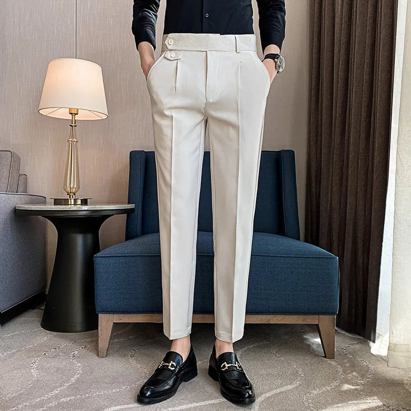 New Men's High Waist Formal Business Small Canvas Straight Zipper Fly Dress Pants Casual Slim Office Pants