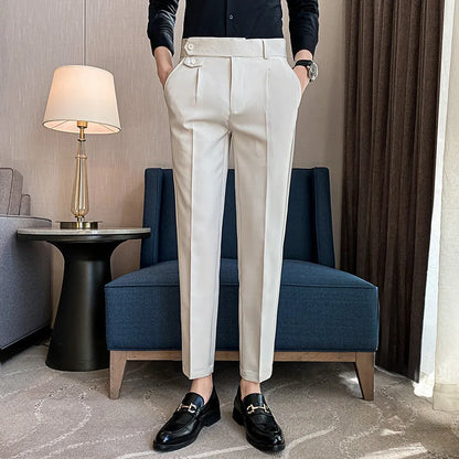 New Men's High Waist Formal Business Small Canvas Straight Zipper Fly Dress Pants Casual Slim Office Pants