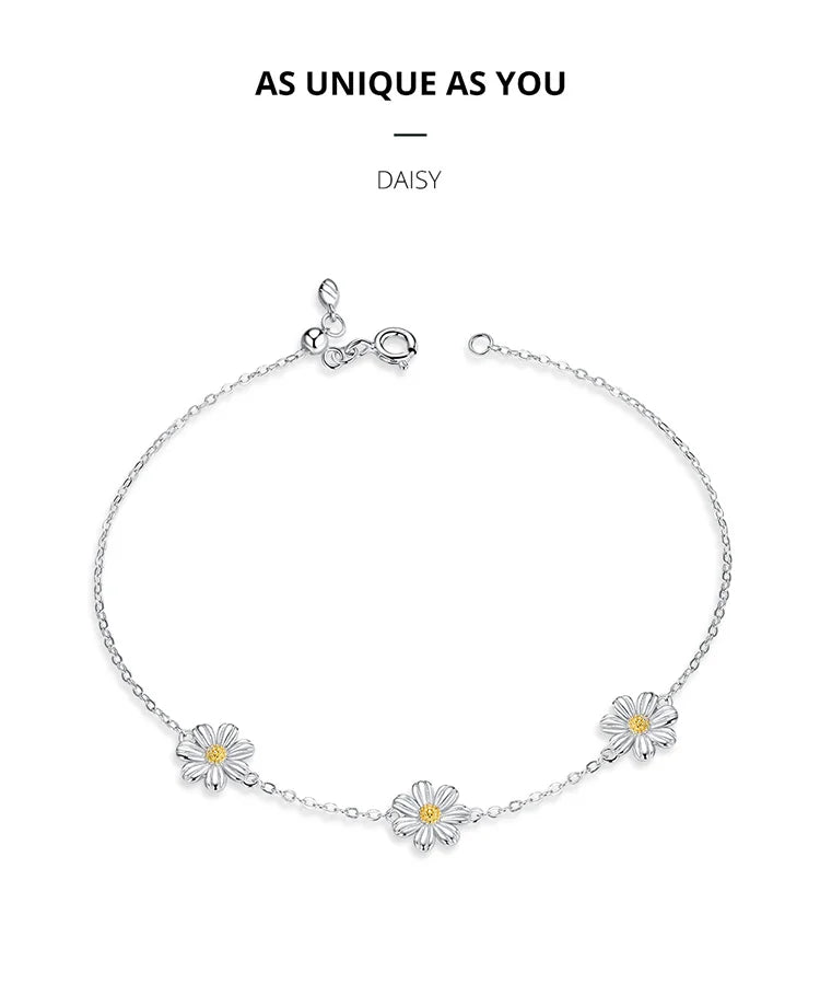 Daisy Flower Link Bracelet for Women Genuine 925 Sterling Silver Fresh Lovely Gifts Anti-allergy Gift Fine Jewelry SCB165