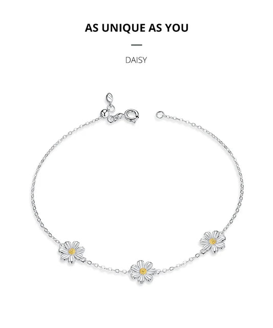 Daisy Flower Link Bracelet for Women Genuine 925 Sterling Silver Fresh Lovely Gifts Anti-allergy Gift Fine Jewelry SCB165