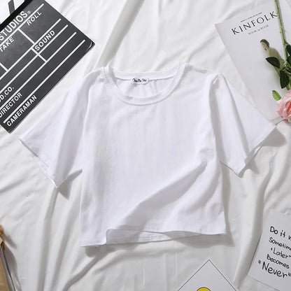 Summer Short Sleeve T Shirts Women  Solid T-shirt O Neck High Waist Crop Top Tee Female Casual Loose T Shirt