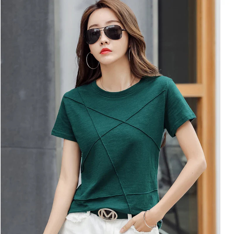Summer Slim Cotton Bamboo T-Shirts Women 2026 O-Neck Short Sleeve Ribbed Tshirts Female Casual Solid Color Tops