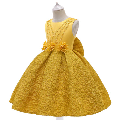 Vestido de festa infantil dourado de verão com laço para meninas Fantasia infantil elegante Flor Casamento Aniversário Vestidos de princesa Roupa de noite para meninas