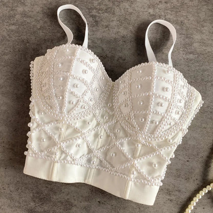 Full Beads Female Corset Top Women Camis Nightclub Pearls Short Chest Binder Sexy Camisole Mujer Lingerie Tube Bra Debardeur