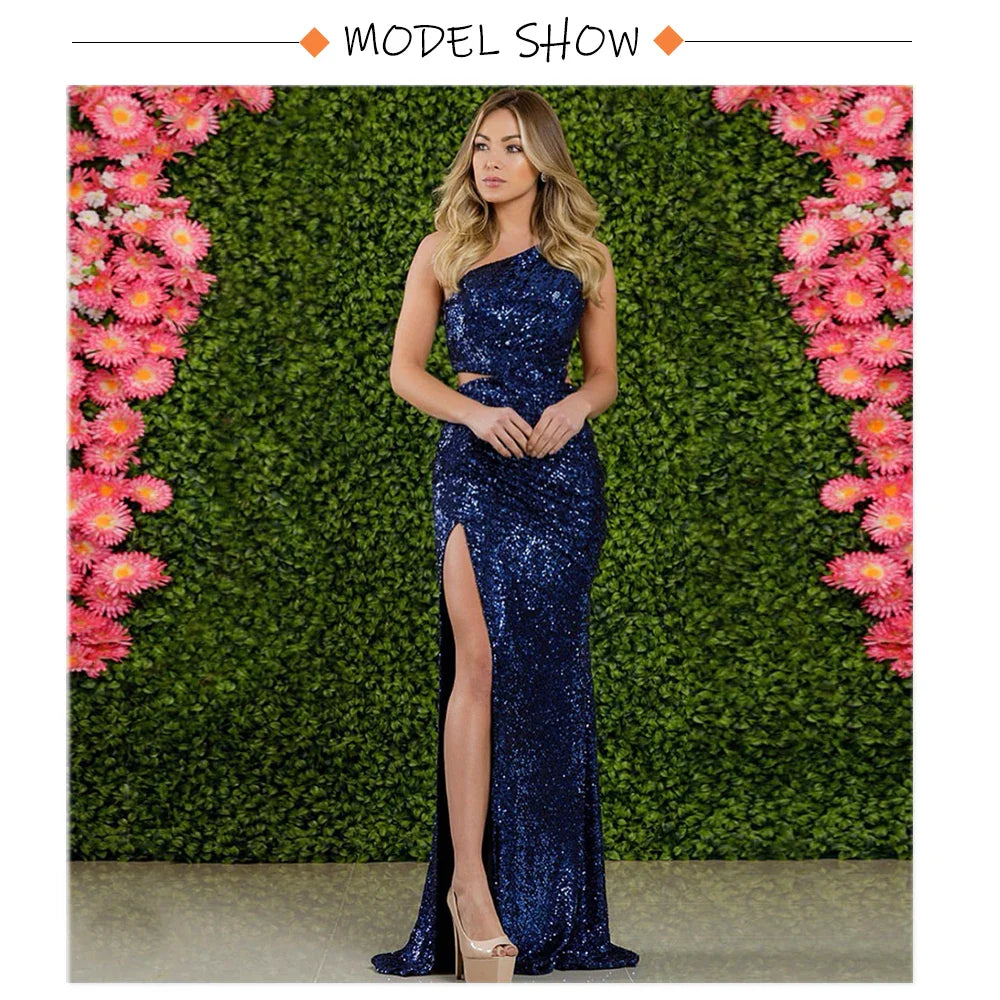 Silver One Shoulder Hollow Out Sequin Cocktail Dress Luxury Pleated Slit Padded Sleeveless Women Party Evening Dresses