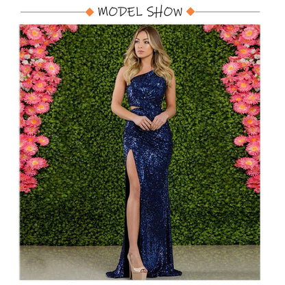 Silver One Shoulder Hollow Out Sequin Cocktail Dress Luxury Pleated Slit Padded Sleeveless Women Party Evening Dresses