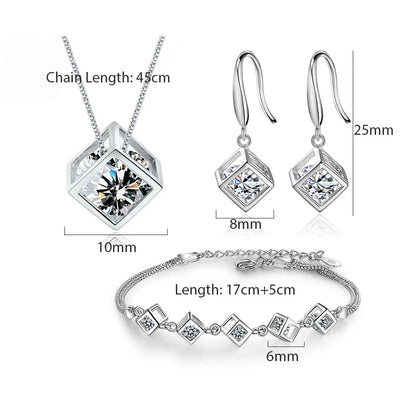 ANENJERY Silver Color Luxury Shiny Square Cube Necklace Earrings Bracelet For Women Gift Zircon Anniversary Gift