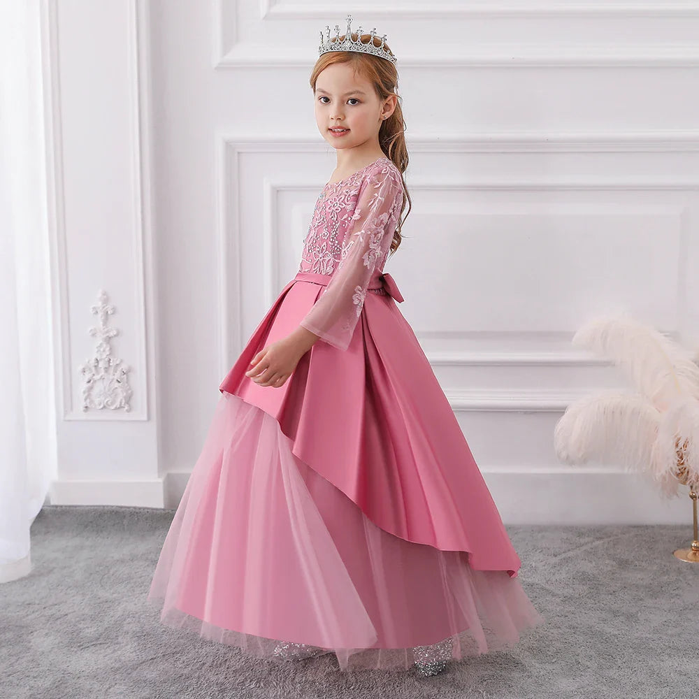 Teens Sequin Bridesmaid Girls Party Dress Long Sleeve First Communion Gown Wedding Party Princess Dresses Bow Christmas Costumes