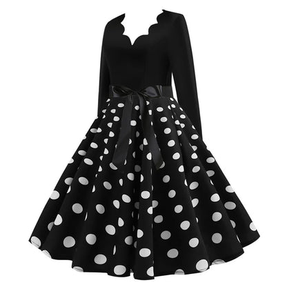 Women Vintage Long Sleeve Polka Dot Dress Spring Autumn New Year Party Dresses 3XL Black Vestidos