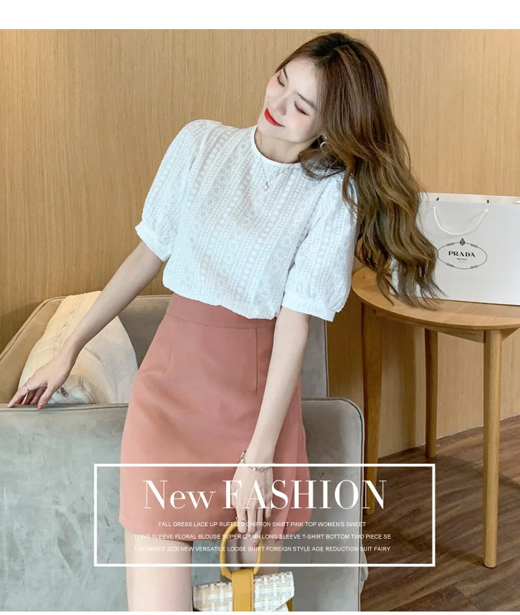 Korean Embroidery Floral Blouse Women Summer New Sweet Loose Lace Shirt Women's 2025 Short Sleeve O Neck Casual White Tops 15217