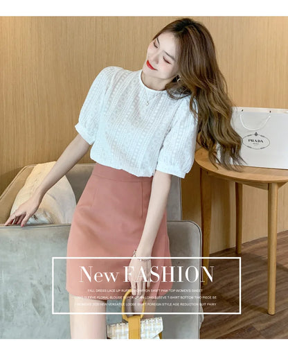 Korean Embroidery Floral Blouse Women Summer New Sweet Loose Lace Shirt Women's 2025 Short Sleeve O Neck Casual White Tops 15217