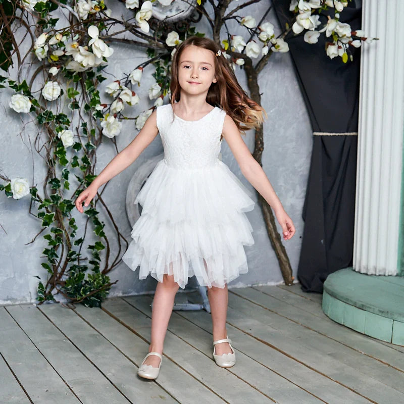 Summer Princess Dresses for Girl Lace Tulle Party Wedding Dress With Sash Baby Clothes 1-6Y E1953