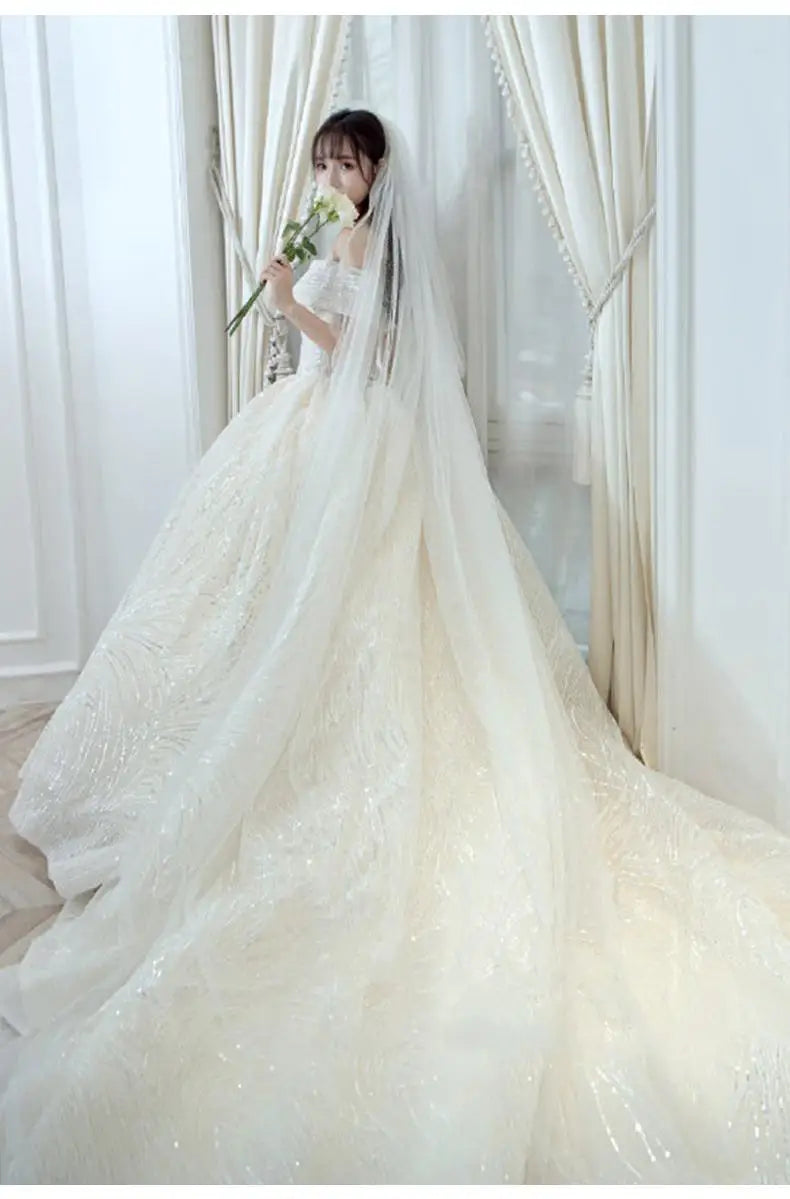 Wedding Dress Shiny Wedding Dress Classic Boat Neck Bridal Party Gown Vestido De Noiva Robe De Mariee Customized