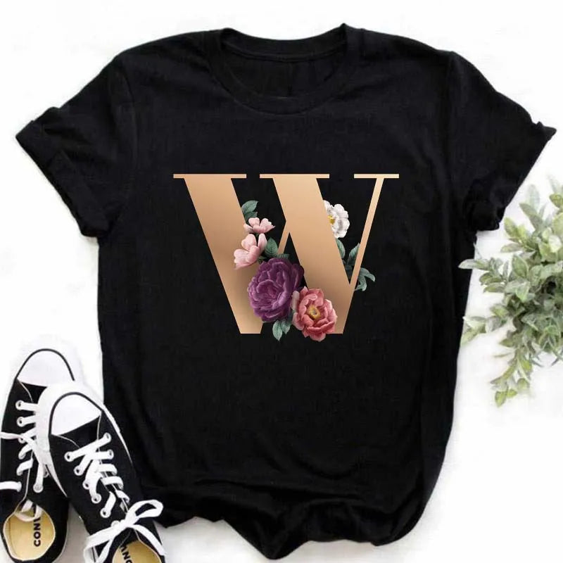 A B C D E English Alphabet Print T Shirt Women New Summer Couples Lovers Female T-Shirt Harajuku Casual Black Tops Tshirts