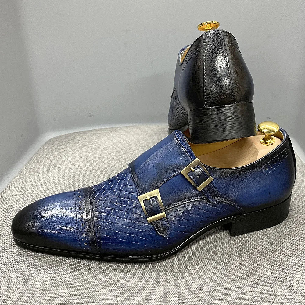 Classic Mens Dress Shoes Genuine Leather Double Buckle Monk Strap Cap Toe Blue Black Wedding Business Formal Suit Shoes for Men