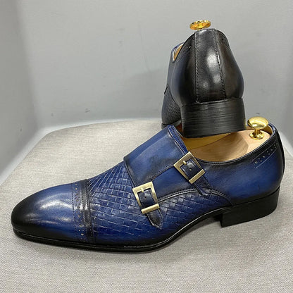 Classic Mens Dress Shoes Genuine Leather Double Buckle Monk Strap Cap Toe Blue Black Wedding Business Formal Suit Shoes for Men