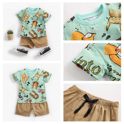 Cartoon Boys Clothing Sets Summer Short Sleeve Cotton Baby Tops + Baby Shorts 2Pcs Casual