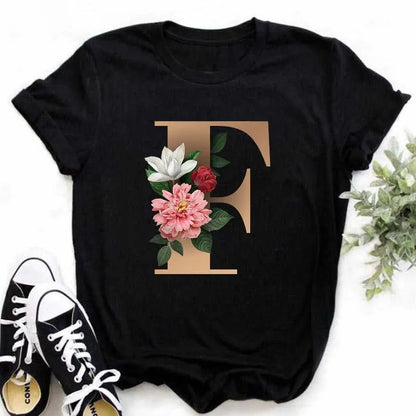 A B C D E English Alphabet Print T Shirt Women New Summer Couples Lovers Female T-Shirt Harajuku Casual Black Tops Tshirts
